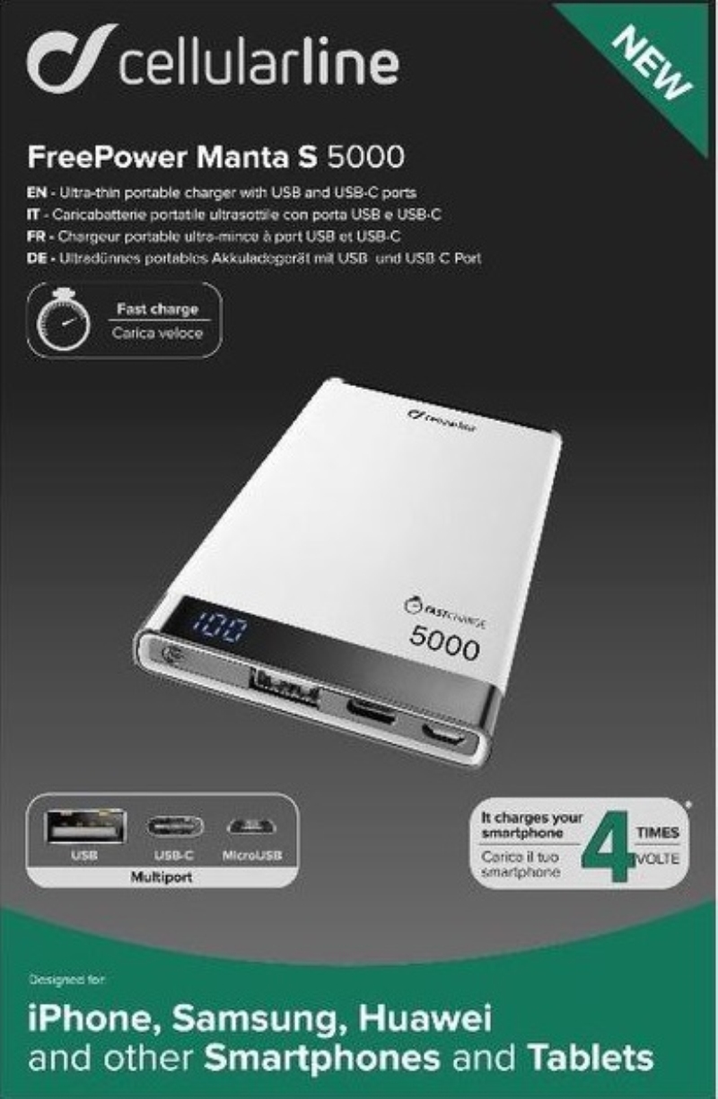 CELLULARLINE PowerBank 5000 mAh Cellular Line Free Power Manta bianco